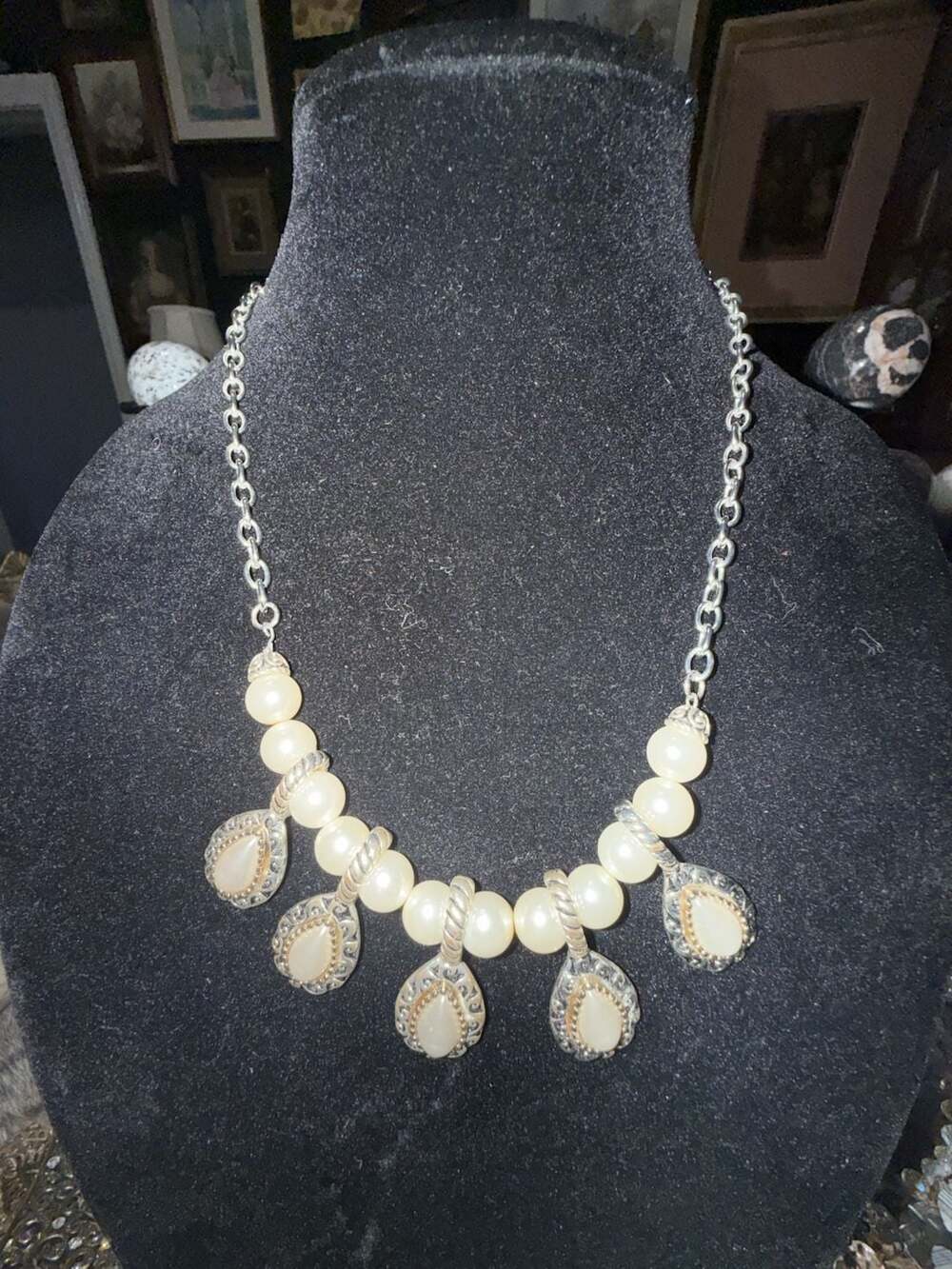 Vintage Silver-Tone Faux Pearl and Textured Teardrop Dangle Statement Necklace
